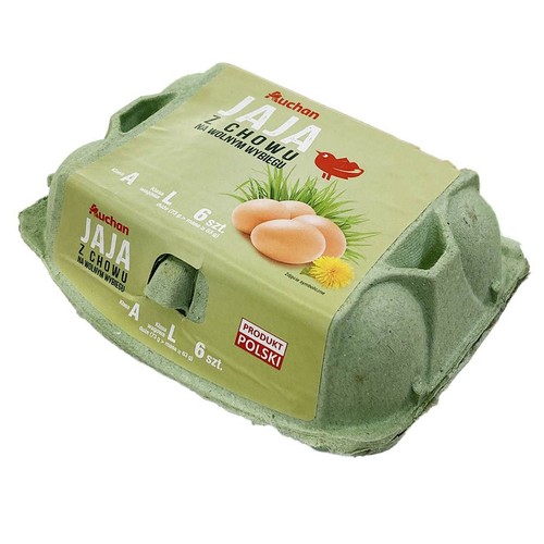 Zielone opakowanie jaj Auchan z chowu na wolnym wybiegu, klasa A, rozmiar L, 6 sztuk. Na etykiecie grafika jajek w trawie.