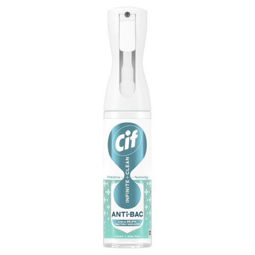 Antybakteryjny spray Cif Infinite + Clean z technologią probiotyczną. Skuteczny przeciwko bakteriom i wirusom. Aromat cytrynowo-aloesowy.