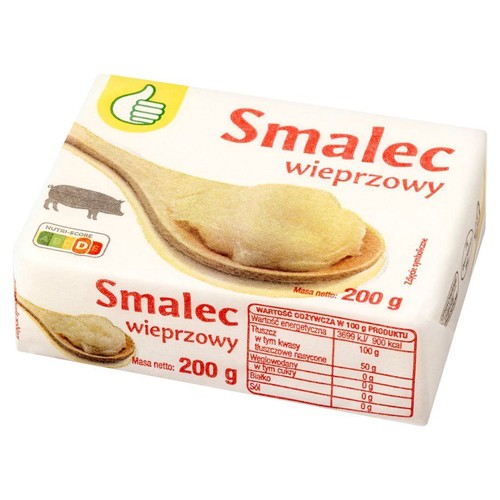 Smalec wieprzowy w białym opakowaniu 200 g. Widoczna grafika świni i łyżki z produktem.