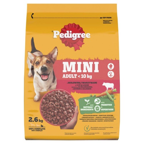 Żółta torba karmy Pedigree Mini Adult dla psów małych ras, wołowina z warzywami, 2.6 kg. Z naturalnymi składnikami.
