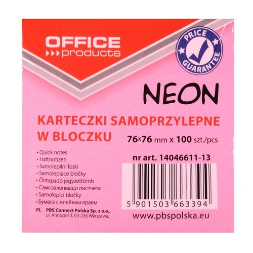 Opakowanie różowych karteczek samoprzylepnych OFFICE products NEON w bloczku. Wymiary 76x76 mm, 100 sztuk. Na opakowaniu logo 'Price Guarantee' i kod kreskowy. Produkt firmy PBS Connect Polska.