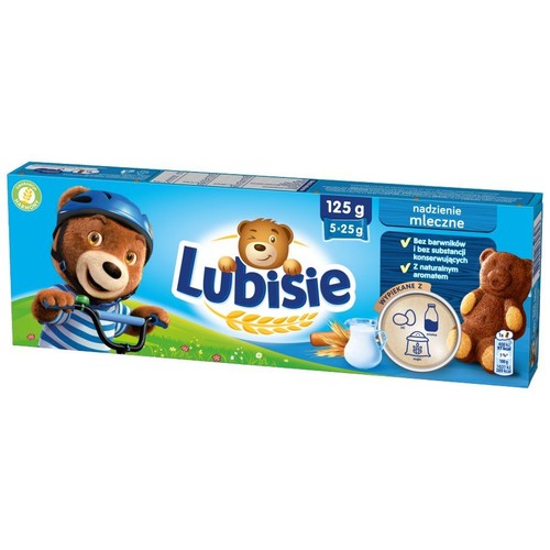 Niebieskie pudełko ciastek Lubisie z nadzieniem mlecznym, 125 g. Na opakowaniu miś na rowerze i ciastko w kształcie misia.