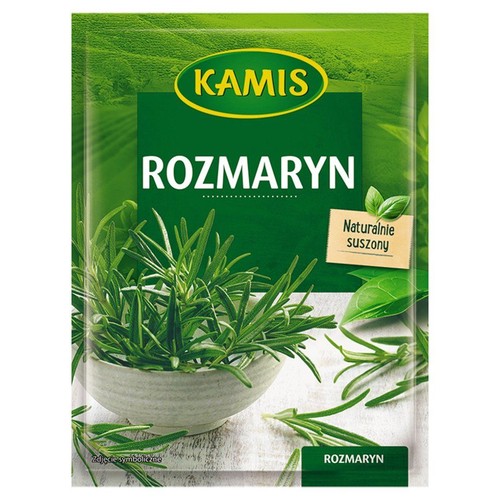 Zielone opakowanie Kamis Rozmaryn, naturalnie suszony. Na etykiecie grafika świeżego rozmarynu w misce.