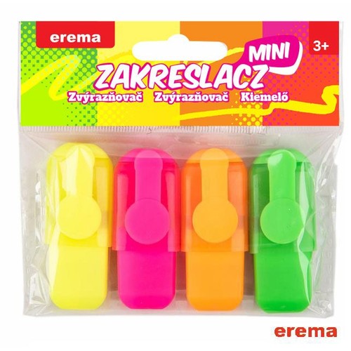 Zestaw 4 mini zakreślaczy w opakowaniu. Kolory: żółty, różowy, pomarańczowy, zielony. Marka erema.