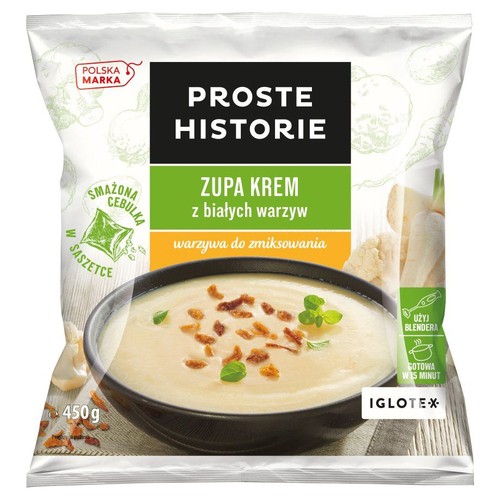 Opakowanie Zupy Krem z białych warzyw Proste Historie, 450g. Do przygotowania z blenderem, gotowa w 15 minut.
