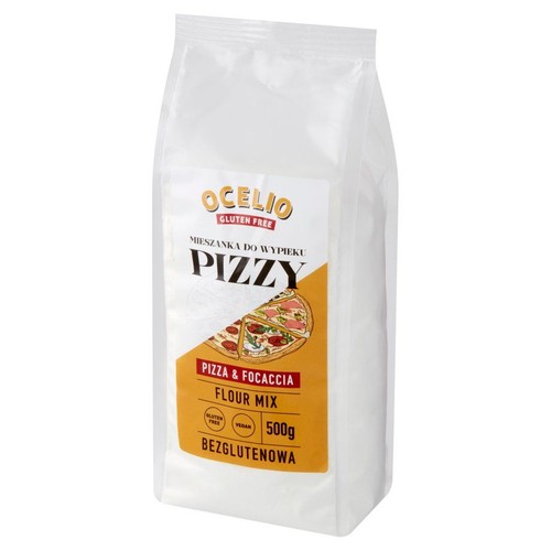 Mieszanka bezglutenowa Ocelio do wypieku pizzy i focaccii w białym opakowaniu. Zawiera 500g.