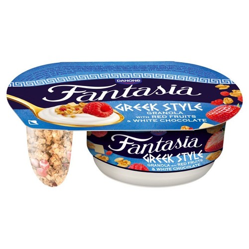 Danone Fantasia Greek Style jogurt z granolą, czerwonymi owocami i białą czekoladą w dwukomorowym kubku.