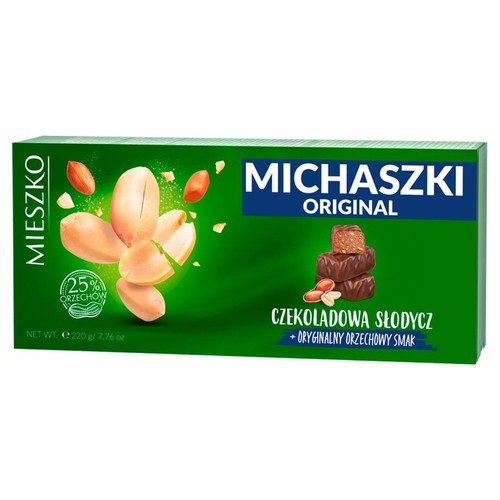 Zielone opakowanie Mieszko Michaszki Oryginalne, masa netto 220 g. Na pudełku grafika orzechów ziemnych i dwóch czekoladowych cukierków, jeden przekrojony, ukazujący orzechowe nadzienie. Produkt zawiera 25% orzechów.