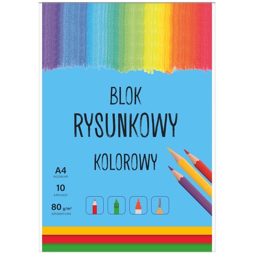 Blok rysunkowy kolorowy w formacie A4, zawierający 10 arkuszy o gramaturze 80 g/m². Okładka jest jasnoniebieska, z górną częścią ozdobioną tęczowymi pociągnięciami. Na okładce widoczne są grafiki kredek, flamastrów i pędzla.