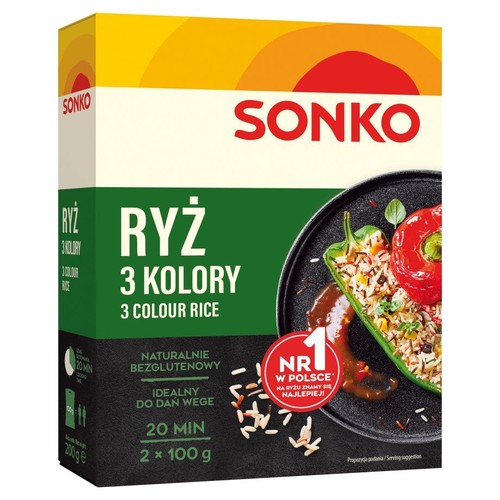 Kartonowe opakowanie ryżu Sonko 3 Kolory, 200g. Na pudełku zdjęcie gotowego dania z ryżem i warzywami.