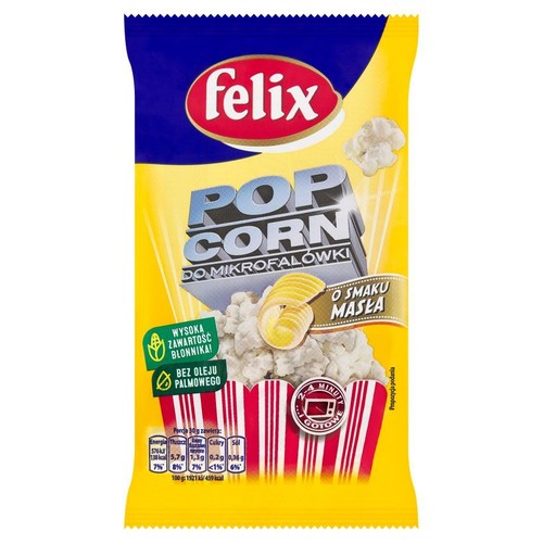 Opakowanie popcornu Felix do mikrofalówki z masłem. Ma wysoką zawartość błonnika i jest bez oleju palmowego.