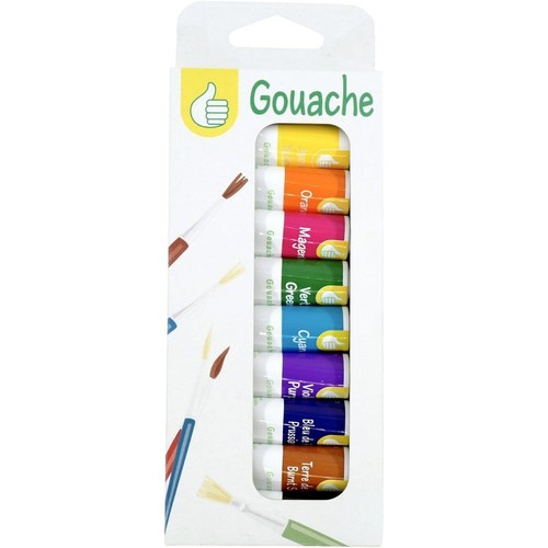 Białe, kartonowe opakowanie z napisem "Gouache" i ikoną kciuka w górę. W środku 8 tubek farb gwaszowych w różnych kolorach: żółty, pomarańczowy, magenta, zielony, cyjan, fioletowy, błękit pruski i siena palona. Na opakowaniu grafiki pędzli.