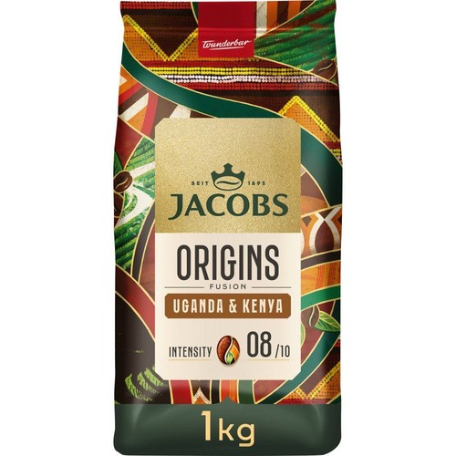 Opakowanie kawy Jacobs Origins Fusion Uganda & Kenya, 1 kg. Intensywność 8/10.