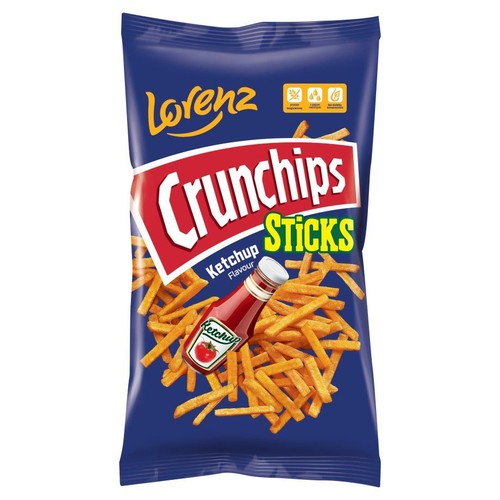 Chipsy Lorenz Crunchips Sticks o smaku ketchupu w niebieskiej paczce. Widoczne paluszki i butelka ketchupu.