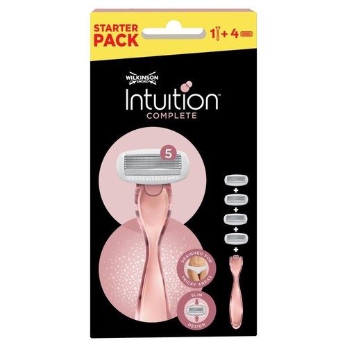 Maszynka Wilkinson Sword Intuition Complete w zestawie startowym. Różowa rączka, głowica z 5 ostrzami, plus 4 wkłady.
