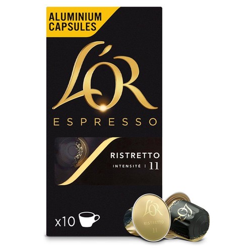 Kawa L'OR Espresso Ristretto w czarnym pudełku z 10 aluminiowymi kapsułkami. Na opakowaniu złote logo i napis "Intensywność 11".