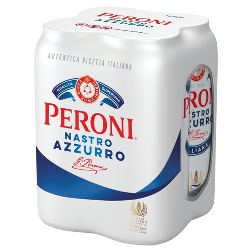 Zgrzewka 4 białych puszek piwa Peroni Nastro Azzurro, każda po 0.5 litra. Na etykiecie widnieje czerwony napis Peroni, pod nim Nastro Azzurro, a także hasła "Jakość Superior" i "Od 1846". Opakowanie ma białe tło z niebieskimi akcentami.