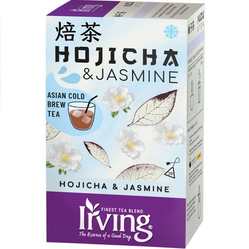 Herbata Irving Hojicha & Jaśmin, 20 torebek. Biało-fioletowe opakowanie z grafiką mrożonej herbaty, kwiatów jaśminu i liści.