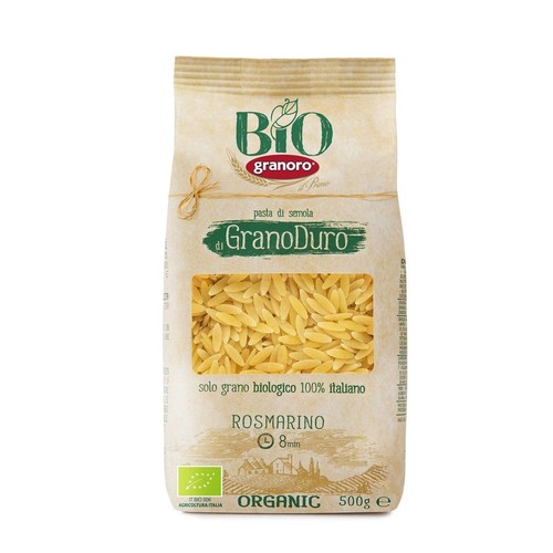 Opakowanie makaronu BIO Granoro Rosmarino 500g. Brązowa torebka z okienkiem, przez które widać makaron w kształcie ziarenek ryżu.