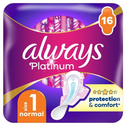 Opakowanie podpasek Always Platinum, 16 sztuk. Rozmiar 1 normalny. Zapewnia ochronę i komfort.
