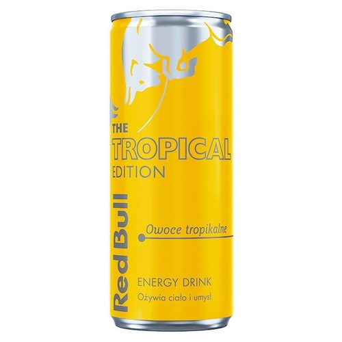 Puszka Red Bull Energy Drink, edycja tropikalna, kolor żółty.