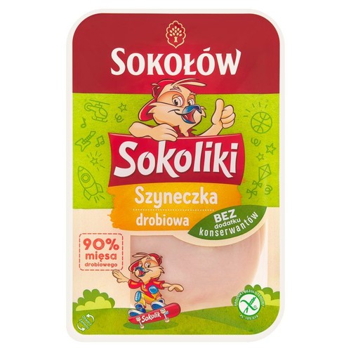 Opakowanie szynki drobiowej Sokołów Sokoliki. Zawiera 90% mięsa drobiowego, bez dodatku konserwantów.