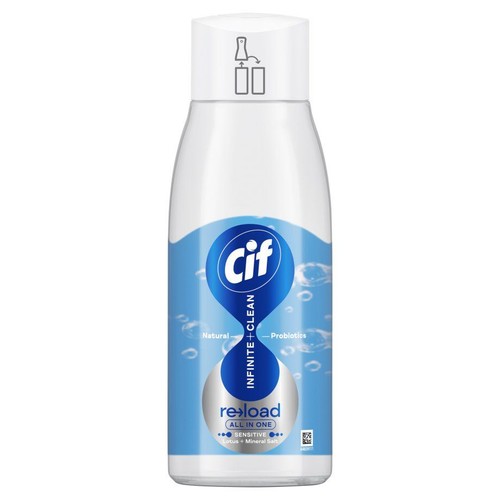 Butelka Cif Infinite+Clean reload All in One Sensitive. Płyn do czyszczenia z naturalnymi składnikami i probiotykami.