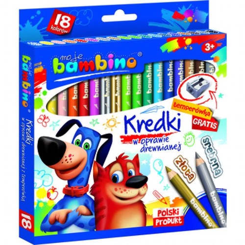 Zestaw 18 kredek drewnianych Moje Bambino, w tym kolory złoty i srebrny. Dołączona temperówka gratis. Opakowanie przedstawia wesołego psa i kota, z informacją "Polski Produkt" i "3+".