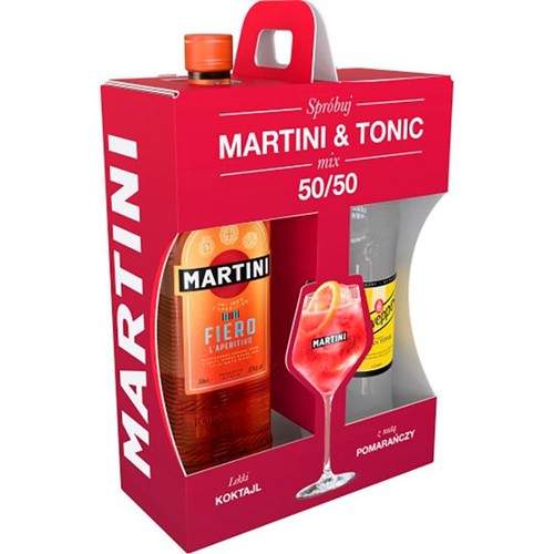 Zestaw do przygotowania koktajlu Martini & Tonic w czerwonym kartonowym opakowaniu z uchwytem. W środku butelka Martini Fiero L'Aperitivo oraz butelka toniku Schweppes. Na opakowaniu grafika drinka z pomarańczą i napisy "Lekki Koktajl".