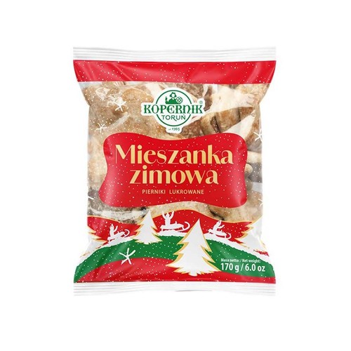 Torebka pierników lukrowanych Kopernik Toruń, "Mieszanka zimowa". Czerwono-białe opakowanie z zimowymi motywami, 170g.