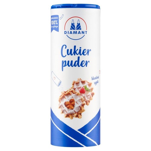 Cukier puder Diamant w cylindrycznym opakowaniu. Etykieta z napisem "Cukier puder" i ilustracją wafli.