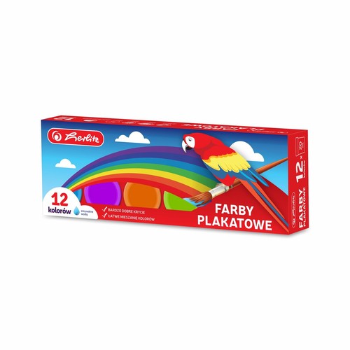 Zestaw 12 farb plakatowych marki Gerlitz, każda tubka o pojemności 20 ml. Produkt jest zmywalny wodą, zapewnia bardzo dobre krycie i łatwe mieszanie barw. Opakowanie zdobi barwna ilustracja tęczy, chmur i papugi z pędzlem.