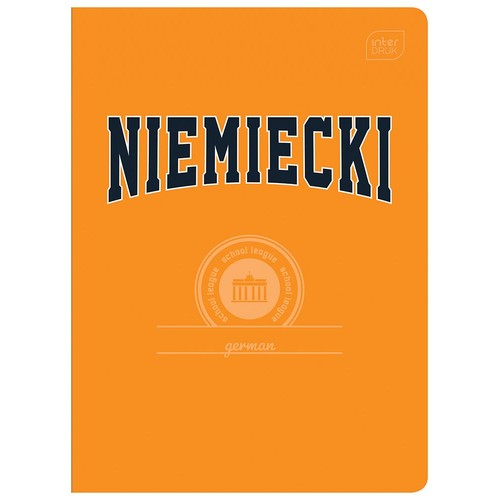 Pomarańczowa okładka zeszytu z dużym, ciemnoniebieskim napisem "NIEMIECKI" w stylu college'owym. Poniżej znajduje się okrągłe, jasnopomarańczowe logo z napisem "school league" i ilustracją klasycznego budynku. W prawym górnym rogu logo Interdruk.
