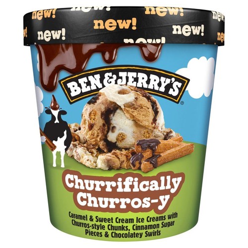 Lody Ben & Jerry's Churrifically Churros-y. Na opakowaniu grafika lodów karmelowych z kawałkami churros, cynamonem i czekoladą.