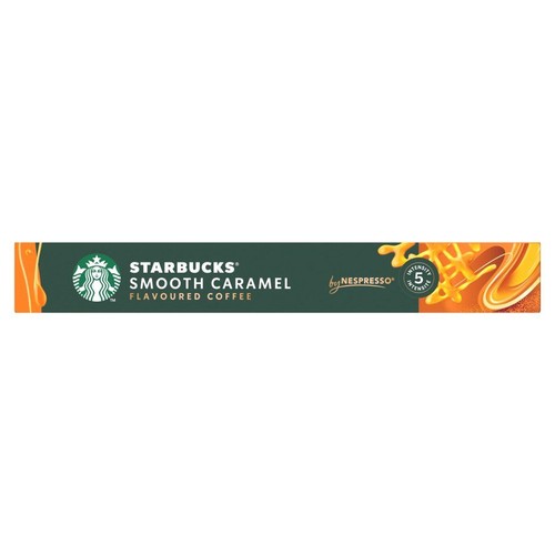 Kawa Starbucks Smooth Caramel by Nespresso. Ciemnozielone opakowanie z logo Starbucks i grafiką karmelu. Intensywność 5.