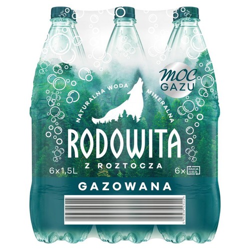 Zgrzewka 6 butelek naturalnej wody mineralnej Rodowita Gazowana z Roztocza, każda o pojemności 1.5 litra. Etykieta przedstawia zielony las, wyjącego wilka i bąbelki, z napisem "Moc Gazu".