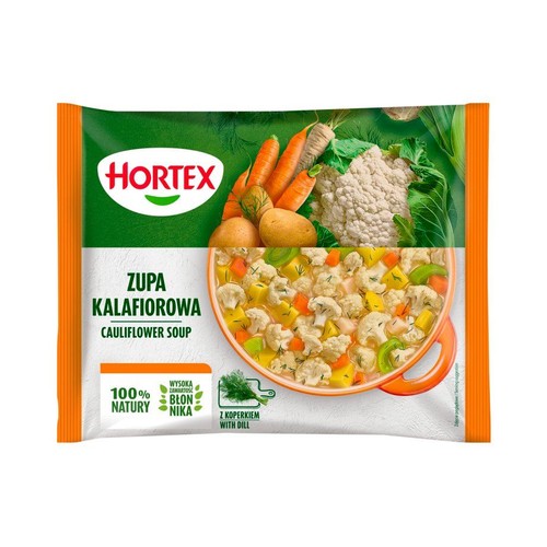Hortex Zupa Kalafiorowa w opakowaniu. Grafika przedstawia miskę zupy, kalafior, marchew i ziemniaki. Z koperkiem, 100% natury.