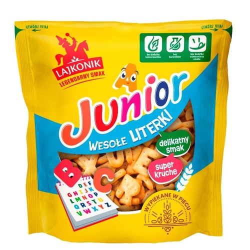 Opakowanie chrupek Lajkonik Junior Wesołe Literki. Produkt bez konserwantów, barwników i wzmacniaczy smaku. Super kruche.