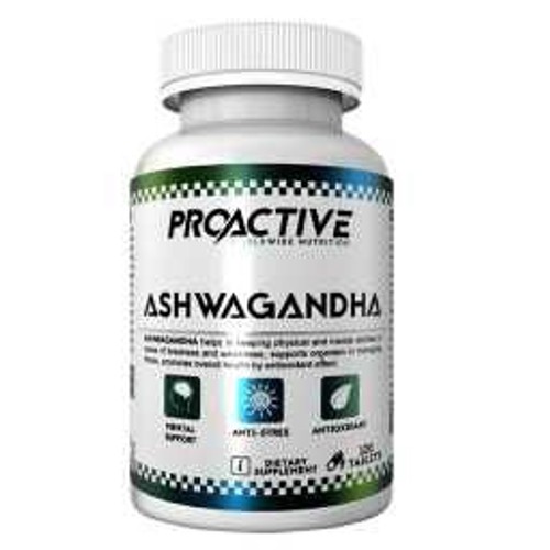 Biała butelka suplementu Proactive Ashwagandha, 120 tabletek. Etykieta z zielono-niebieskim wzorem. Wspiera umysł, redukuje stres.