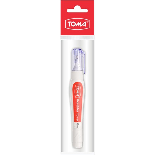 Korektor w pisaku TOMA TO-014 o pojemności 10 ml. Produkt ma białą obudowę z czerwonym elementem graficznym i logo TOMA. Posiada przezroczystą fioletową skuwkę. Jest zapakowany w blister z czerwonym nagłówkiem.