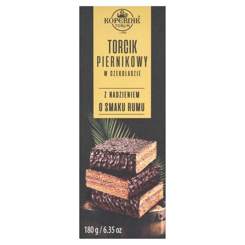Opakowanie Kopernik Torcik Piernikowy w Czekoladzie z Nadzieniem o Smaku Rumu, 180 g. Na grafice trzy ciastka w czekoladzie.
