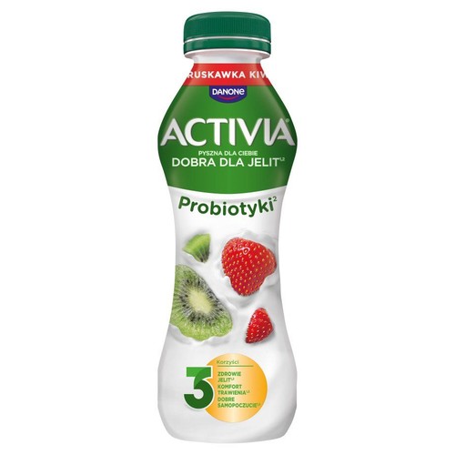 Butelka jogurtu pitnego Activia Danone Truskawka Kiwi z probiotykami. Zielona zakrętka i etykieta z owocami. Dobra dla jelit.