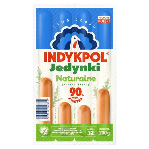 Indykpol Jedynki Naturalne, parówki z 90% mięsa indyka. Czysty skład, bez konserwantów. Produkt Polski, 200g.