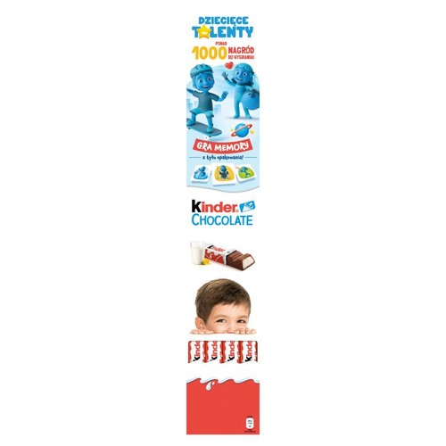Produkt Kinder Chocolate. Opakowanie promuje akcję "Dziecięce Talenty" z ponad 1000 nagród i grą memory. Widoczne są grafiki postaci z kreskówek, logo Kinder Chocolate, pięć batonów czekoladowych, szklanka mleka i uśmiechnięta twarz dziecka.