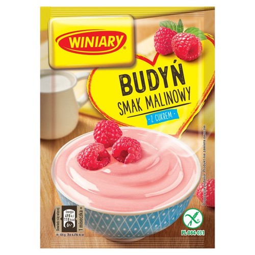 Opakowanie budyniu Winiary o smaku malinowym z cukrem. Na grafice różowy budyń z malinami w miseczce.