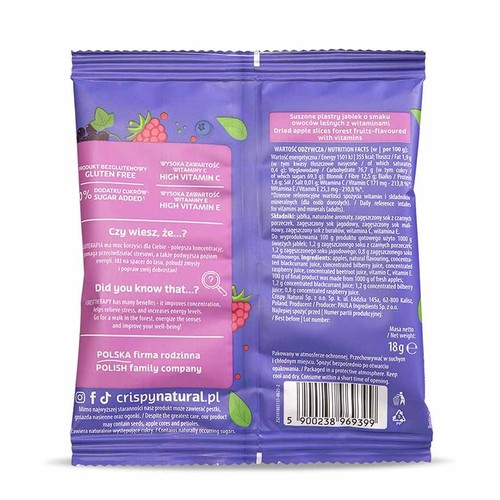 Fioletowa paczka Crispy Natural z suszonymi jabłkami o smaku leśnych owoców. 18g, bez cukru, bogata w witaminy.