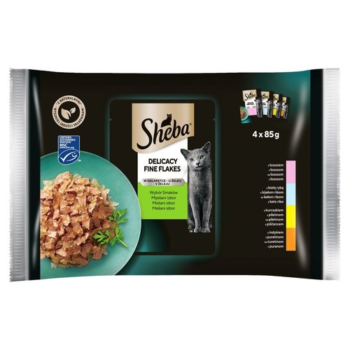 Czarny multipak karmy dla kota Sheba Delicacy Fine Flakes, 4x85g. Na opakowaniu grafika kota i jedzenia.