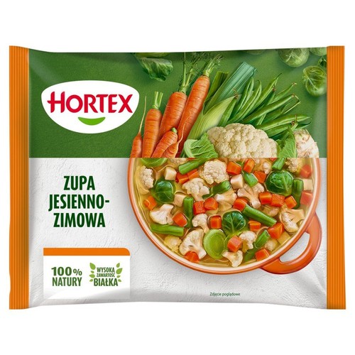 Produkt Hortex Zupa Jesienno-Zimowa. Na opakowaniu grafika świeżych warzyw i miski zupy. Oznaczenia: 100% Natury, Wysoka Zawartość Białka.