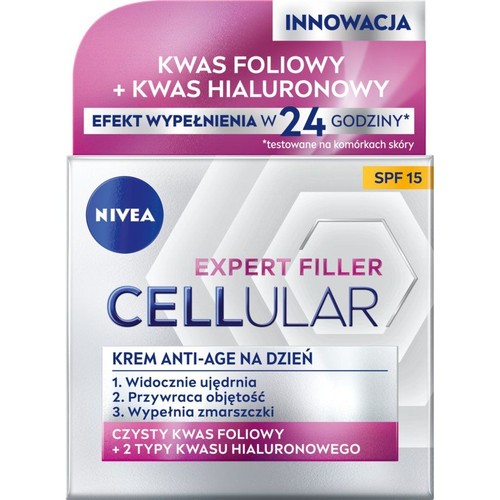 Krem Nivea Cellular Expert Filler Anti-Age na dzień. Ujędrnia, przywraca objętość, wypełnia zmarszczki. Z kwasem foliowym.