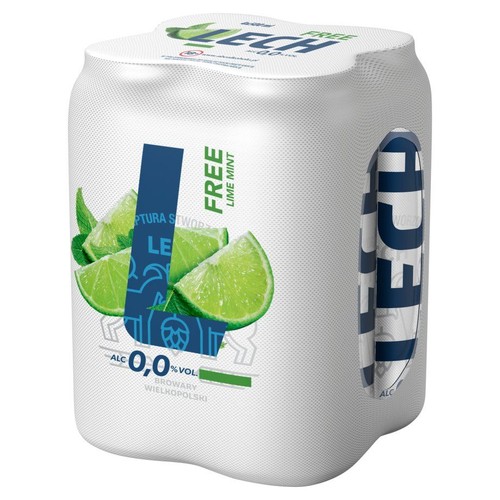 Zgrzewka czterech białych puszek piwa bezalkoholowego Lech Free Lime Mint 0,0% vol. Opakowanie ozdobione jest dużą literą "L" oraz grafiką świeżych limonek i liści mięty. Produkt Browarów Wielkopolskich.